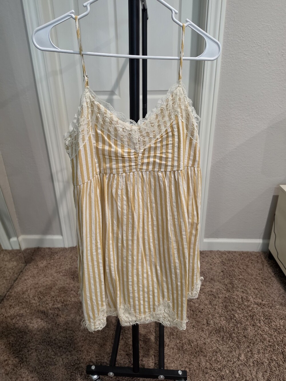 Entro Yellow White Stripe Lace Trim Babydoll Mini Dress Size Medium